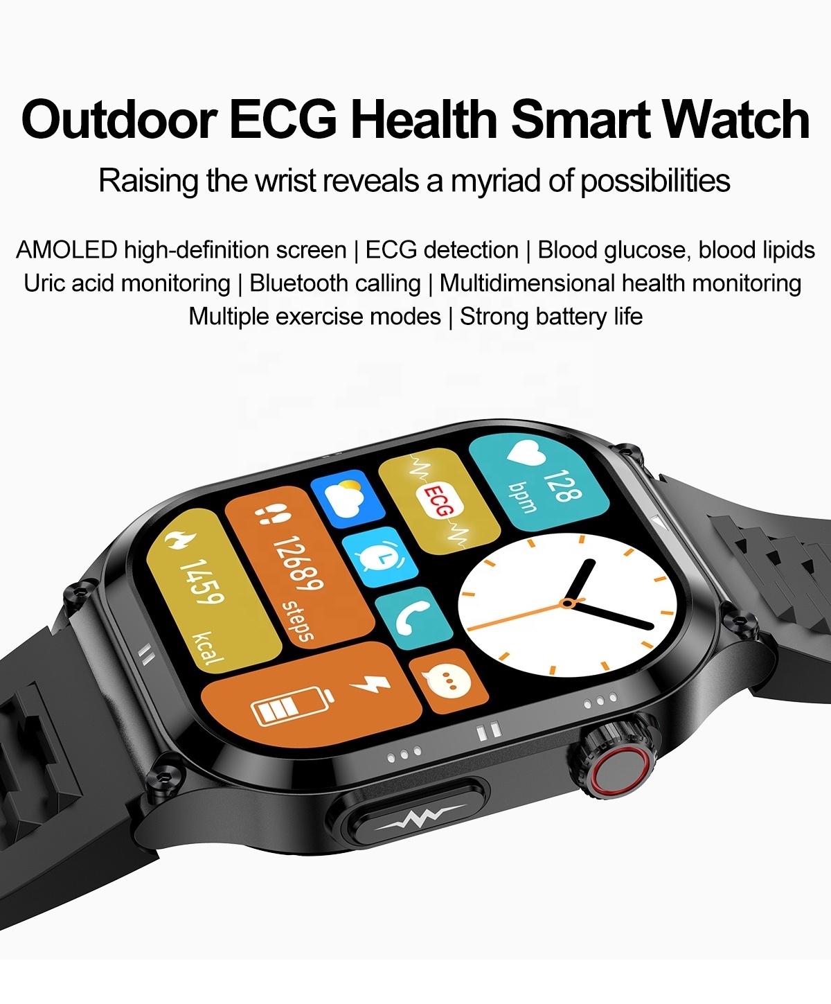 2.04 Inch AMOLED Smart Watch SOS Emergency Call Blood Glucose HRV ECG Temperature Female Health Monitor ET281 Watch for Elderly