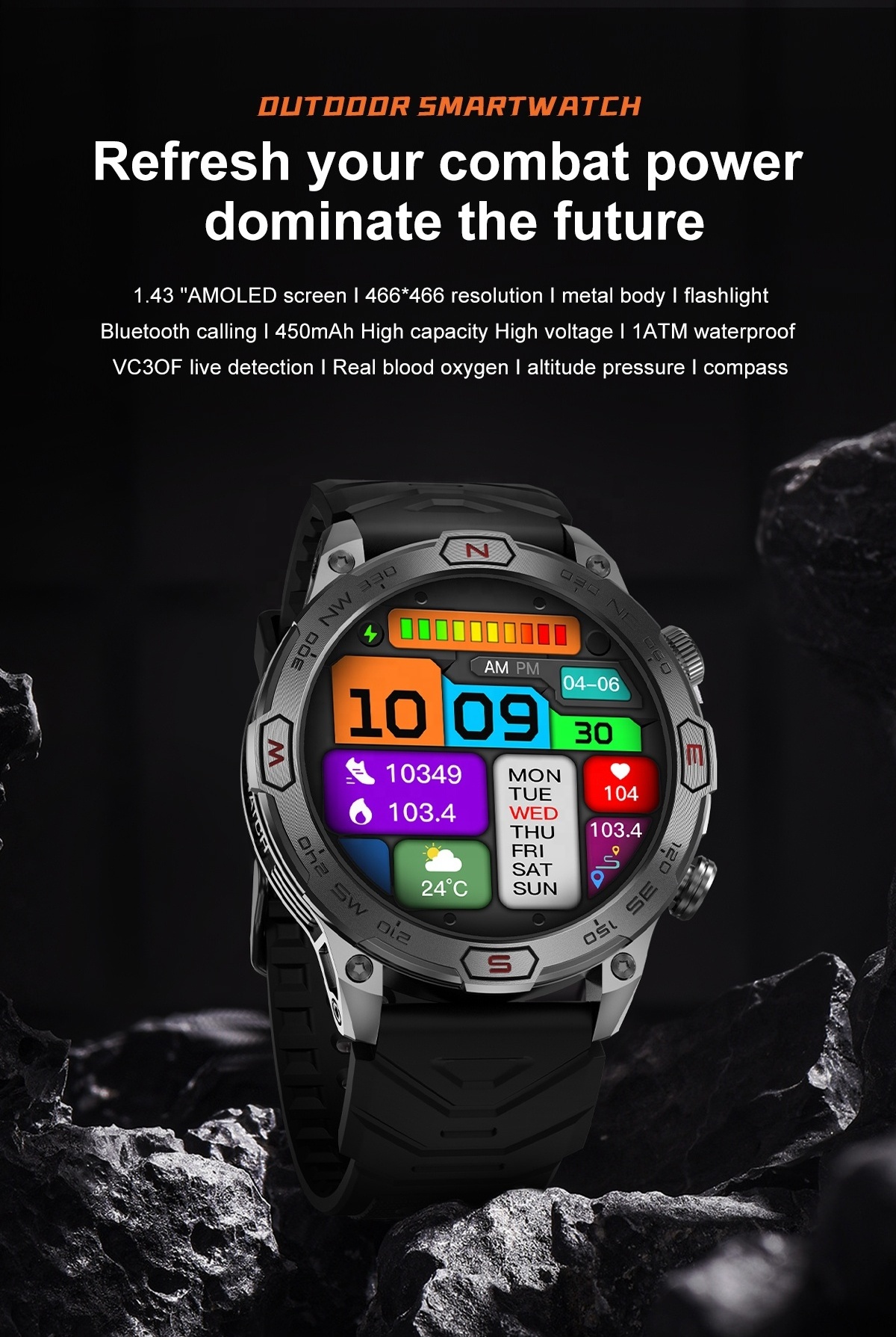 Smart Watch KC86 Men 1.43inch Amoled Large Screen BT Call Flashlight Compass 450mAh Outdoor Sport Fitness Tracker Smartwatch