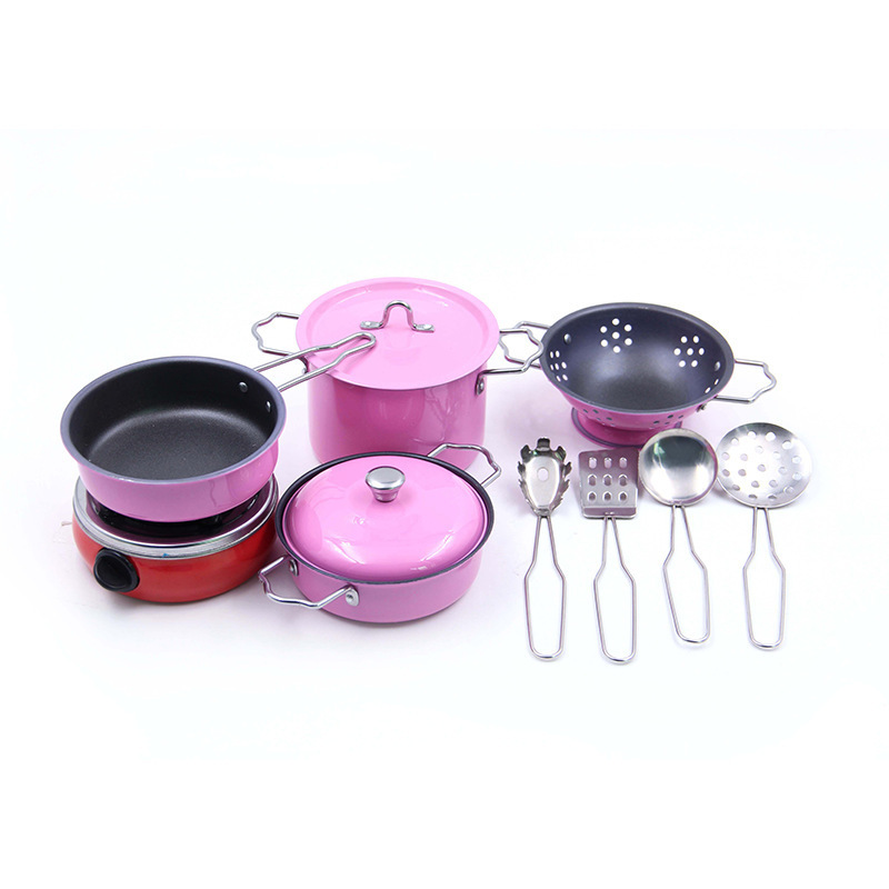 Pink and Blue 11pcs Stainless Steel Metal Pots Pans Bench Cookware Pretend Play set Cooking Utensils Kitchen Toy Set 2