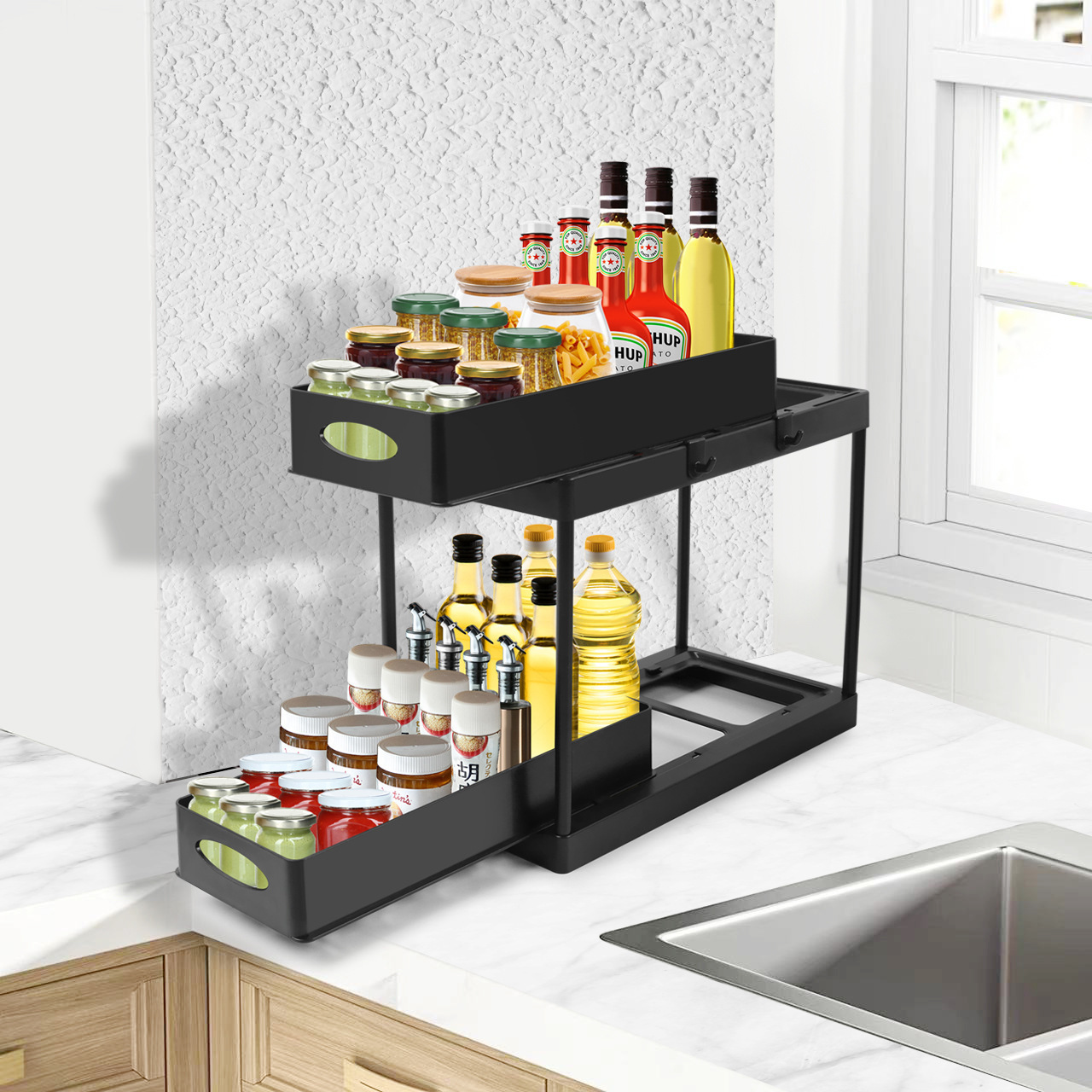 OEM  2 Tier Kitchen Expandable Shower Shelf Caddy Storage Slid Basket Plastic Bathroom Cabinet Rack Kitchen Sinks Organize