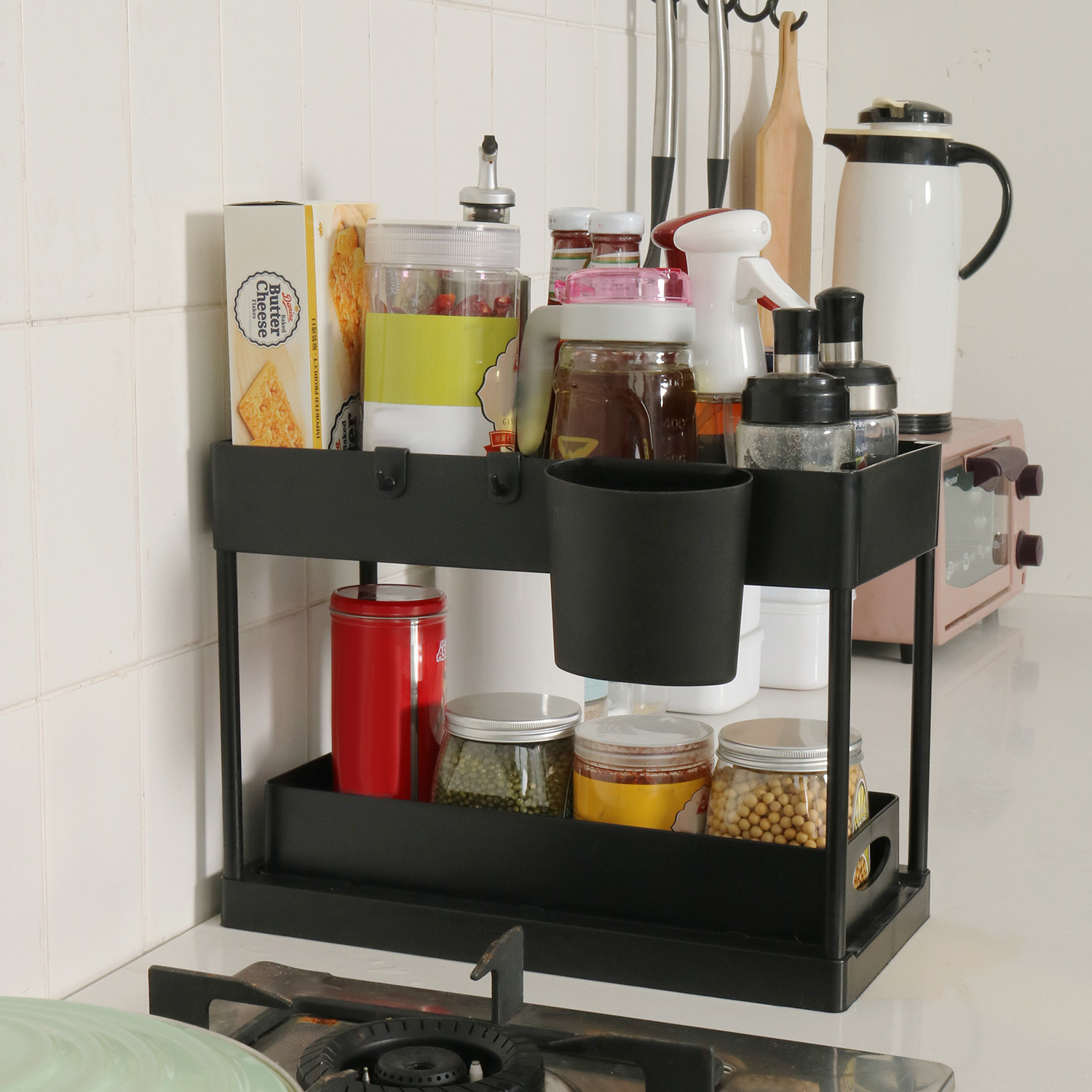 OEM  2 Tier Kitchen Expandable Shower Shelf Caddy Storage Slid Basket Plastic Bathroom Cabinet Rack Kitchen Sinks Organize 1