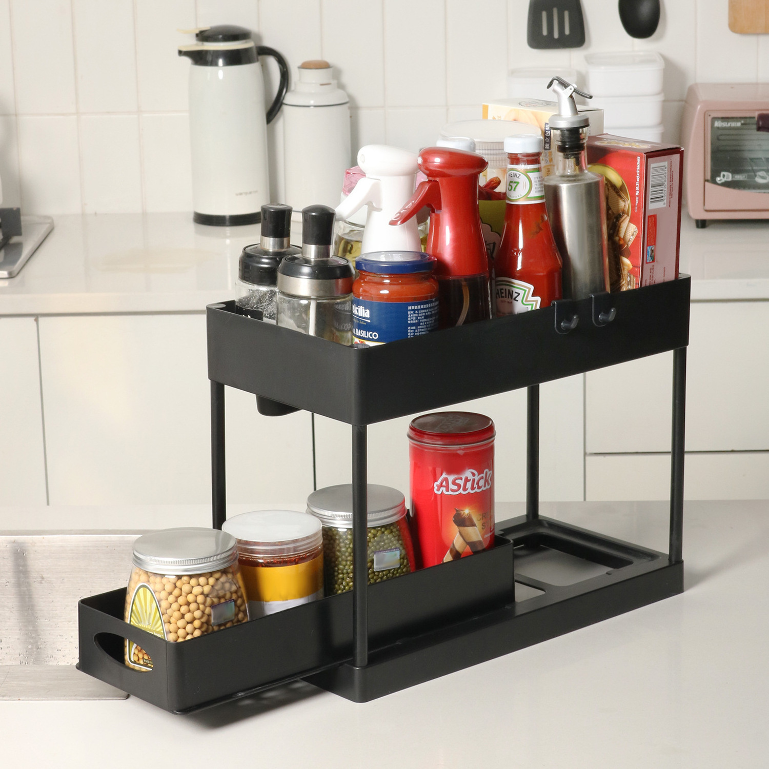 OEM  2 Tier Kitchen Expandable Shower Shelf Caddy Storage Slid Basket Plastic Bathroom Cabinet Rack Kitchen Sinks Organize 2