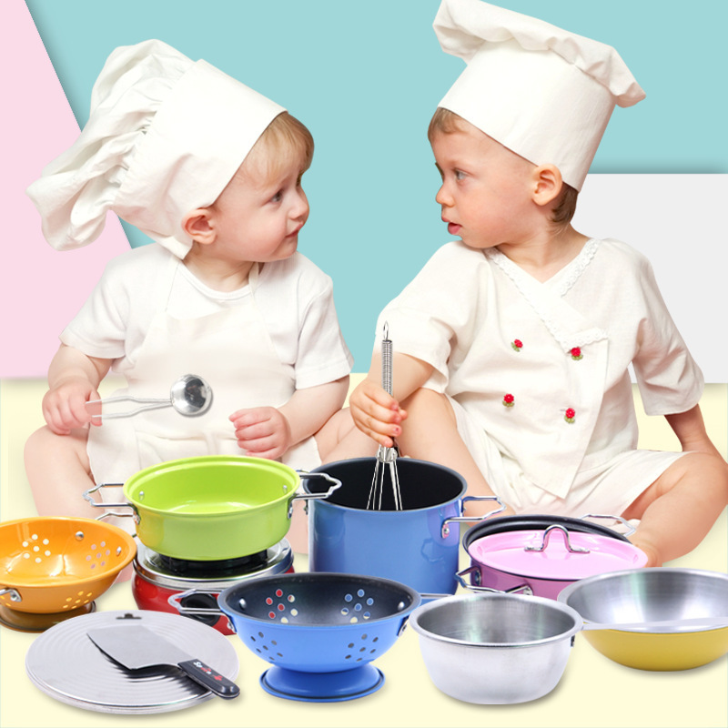 Pink and Blue 11pcs Stainless Steel Metal Pots Pans Bench Cookware Pretend Play set Cooking Utensils Kitchen Toy Set