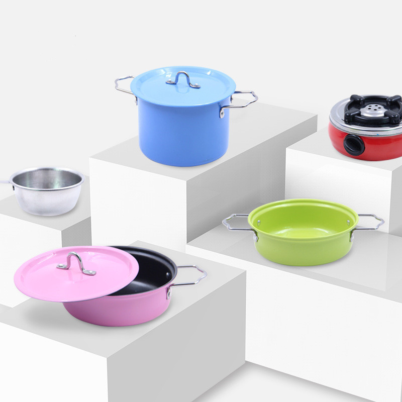 Pink and Blue 11pcs Stainless Steel Metal Pots Pans Bench Cookware Pretend Play set Cooking Utensils Kitchen Toy Set