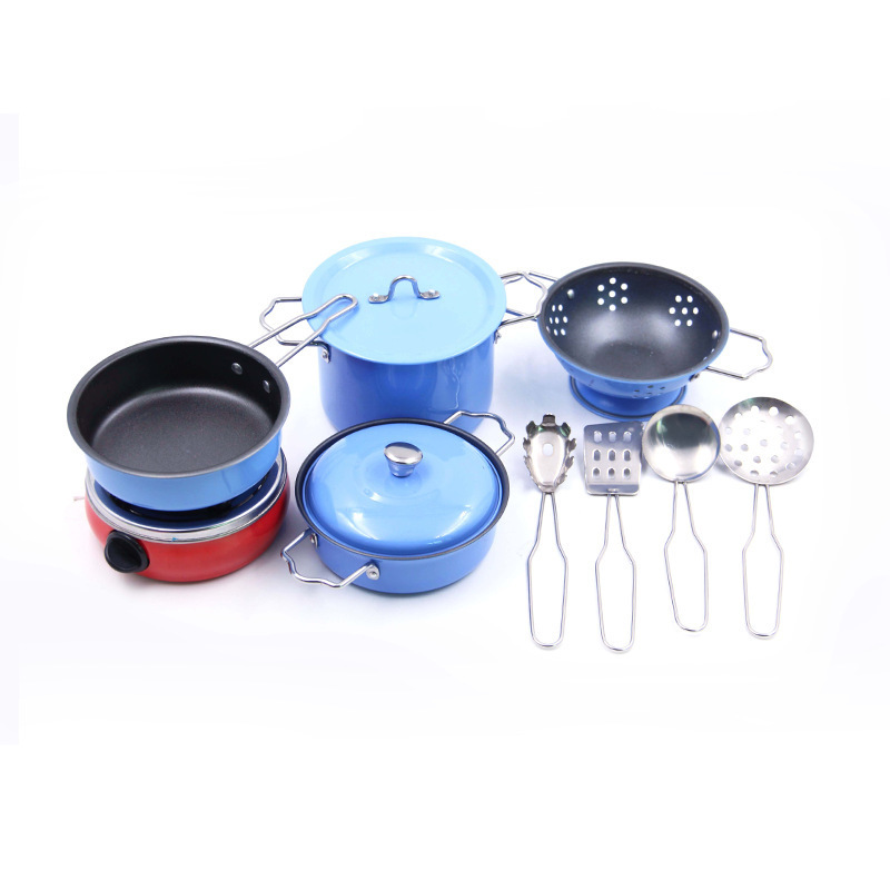 Pink and Blue 11pcs Stainless Steel Metal Pots Pans Bench Cookware Pretend Play set Cooking Utensils Kitchen Toy Set