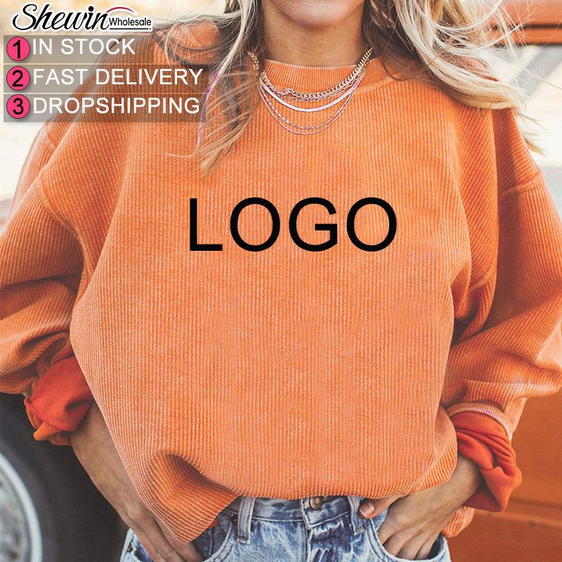 2024 Custom Logo Blank Fleece Sweatshirt Long Sleeve Pullover Women Pumpkin Corded Crew Sweatshirt