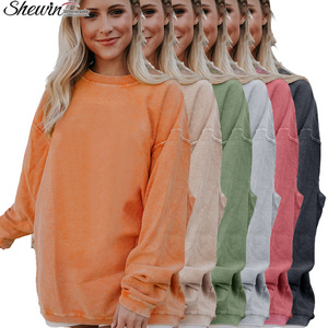 Shewin Wholesale Bulk Fall Winter Designer Casual Orange Corduroy Ribbed Crewneck Women Oversized Corded Crew Sweatshirt