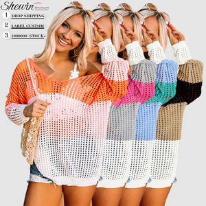 Wholesale Color Block Eyelet Long Sleeve Twisted Back Sexy Outfit Crochet Knitted Tops For Women