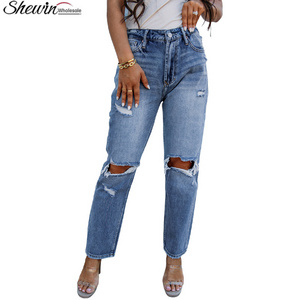 Bulk Wholesale Designer Casual Distressed High Waist Ripped Denim Pants Women Jeans