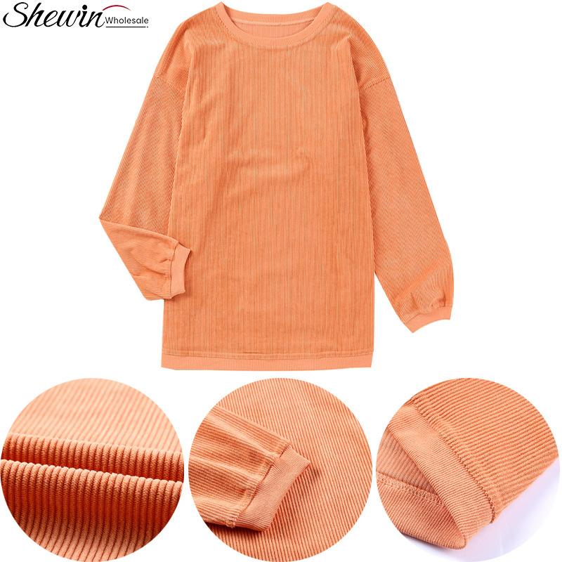 Shewin Wholesale Bulk Fall Winter Designer Casual Orange Corduroy Ribbed Crewneck Women Oversized Corded Crew Sweatshirt