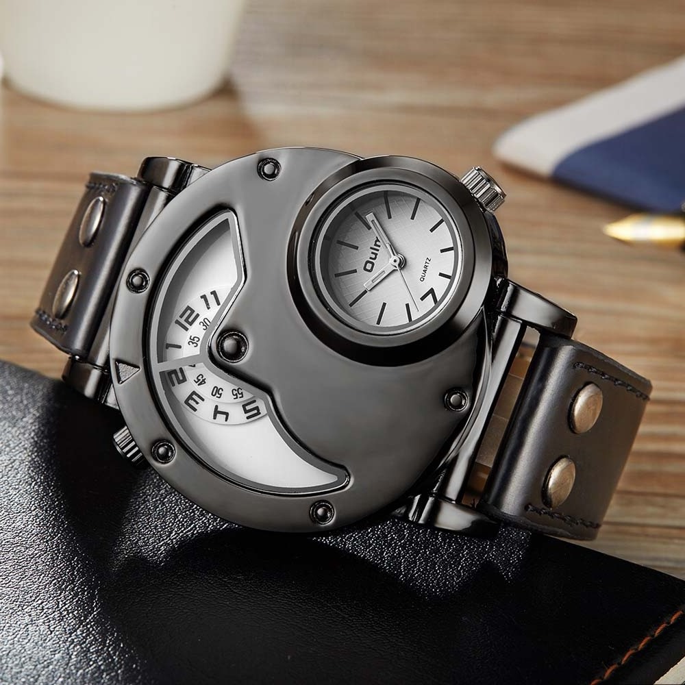 Original Top Luxury OULM Watches New Russian Quartz Mens Wrist Watch Dual Time Black Leather Relogio 9591