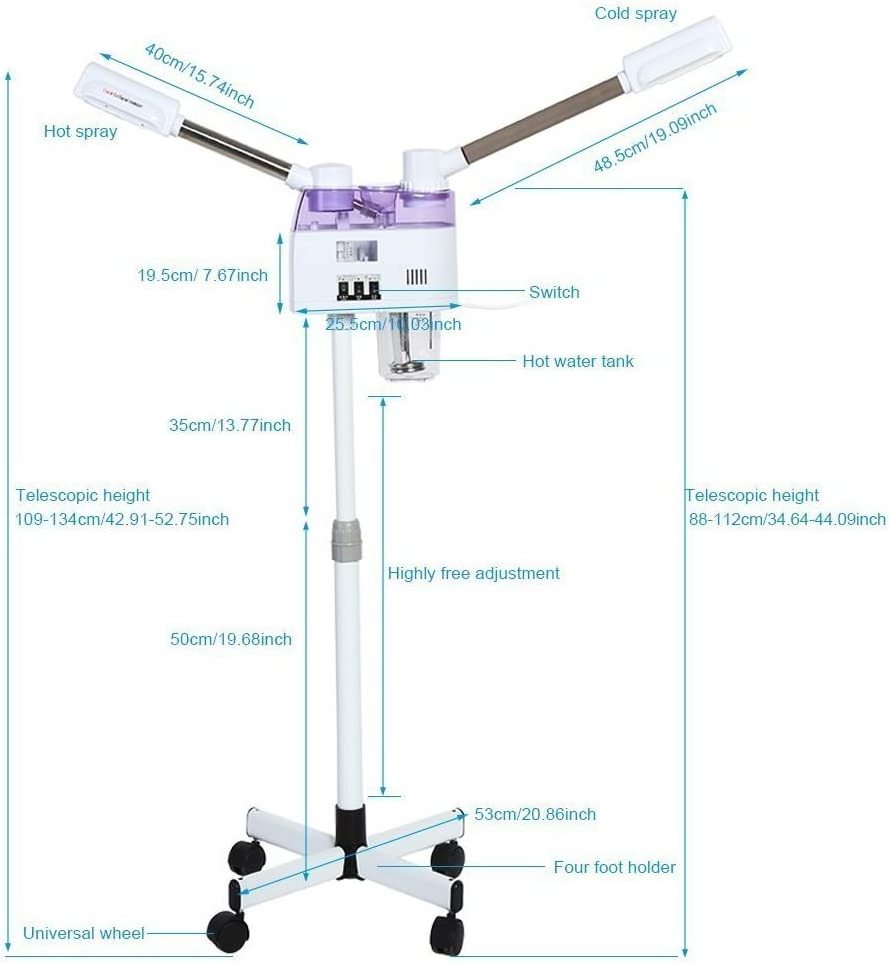 2 in 1 Hot and Cold Spray Facial Steamer Ozone Facial Steamer Double Tube Portable Adjustable Height  for Spa Salon