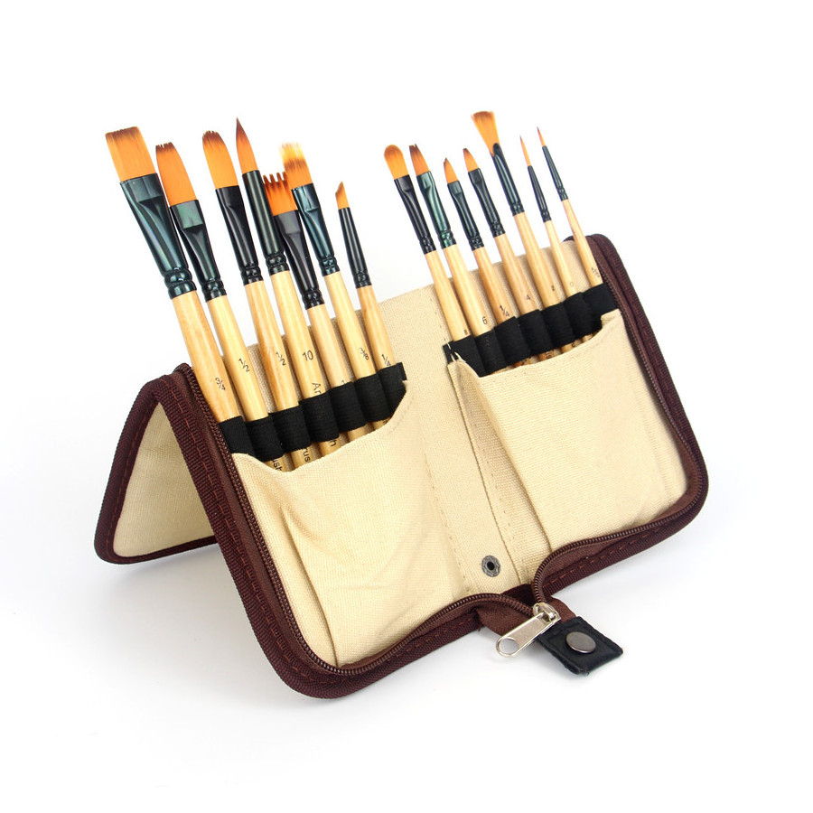 custom 14pcs paint brush set nylon hair watercolor gouache brushes artist acrylic paint brush in canvas case for art painting