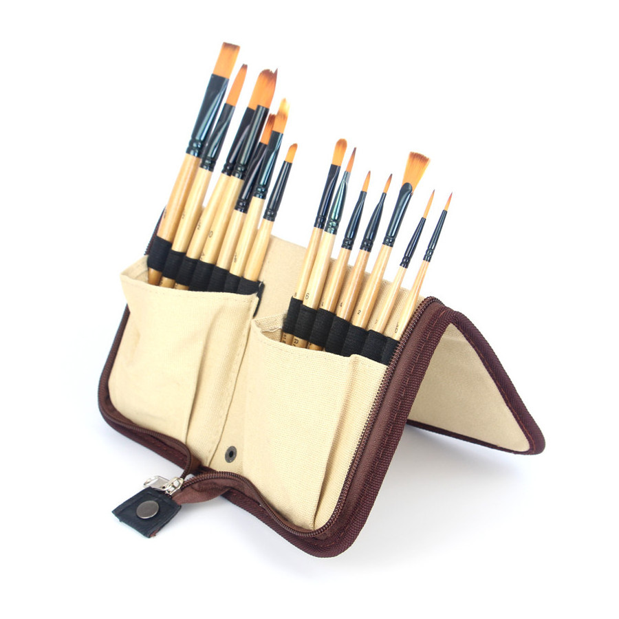 custom 14pcs paint brush set nylon hair watercolor gouache brushes artist acrylic paint brush in canvas case for art painting