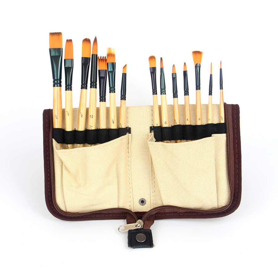 custom 14pcs paint brush set nylon hair watercolor gouache brushes artist acrylic paint brush in canvas case for art painting