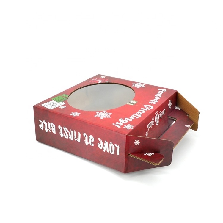 High quality Custom PVC Clear Window Red Christmas Paper Gable Gift Boxes with cut handle