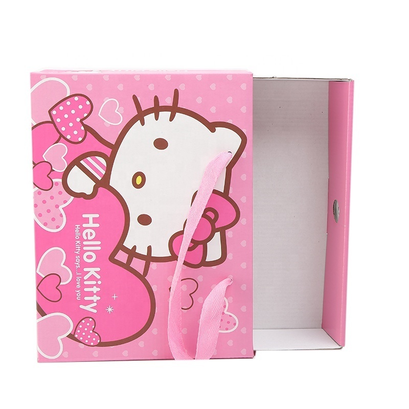 Wholesale pink cute corrugated paper cardboard drawer kids toys gift packaging boxes with ribbon handle