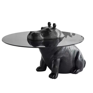 Modern animal statue coffee table large animal sculpture black Hippo Giant rhino sculpture Glass table for decor