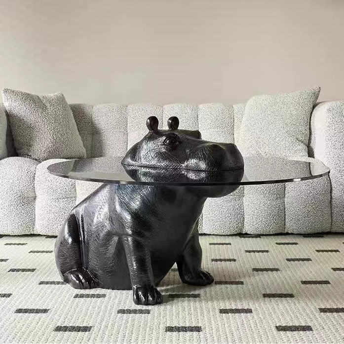 Modern animal statue coffee table large animal sculpture black Hippo Giant rhino sculpture Glass table for decor