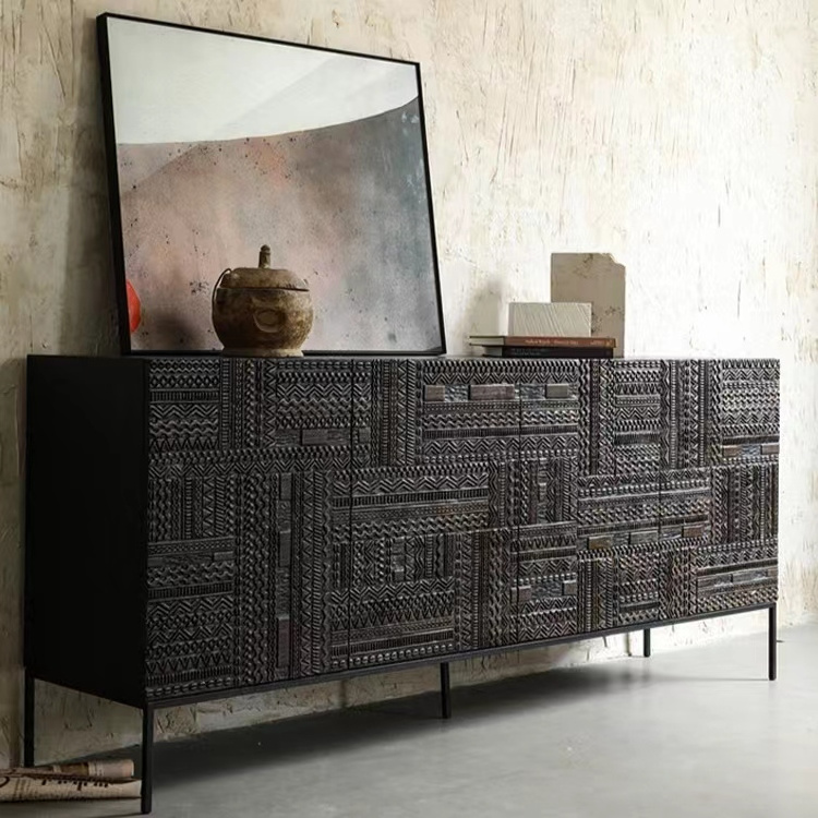 Black Designer Solid Wood dining room sideboard buffet Metal Base Storage Carved modern Stylish Living Room Sideboard Cabinet