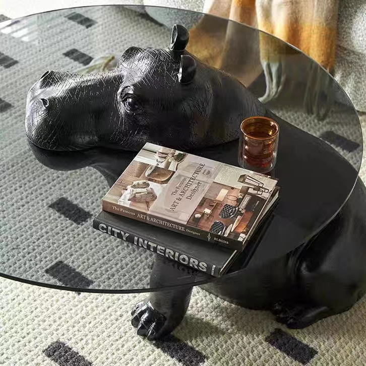 Modern animal statue coffee table large animal sculpture black Hippo Giant rhino sculpture Glass table for decor