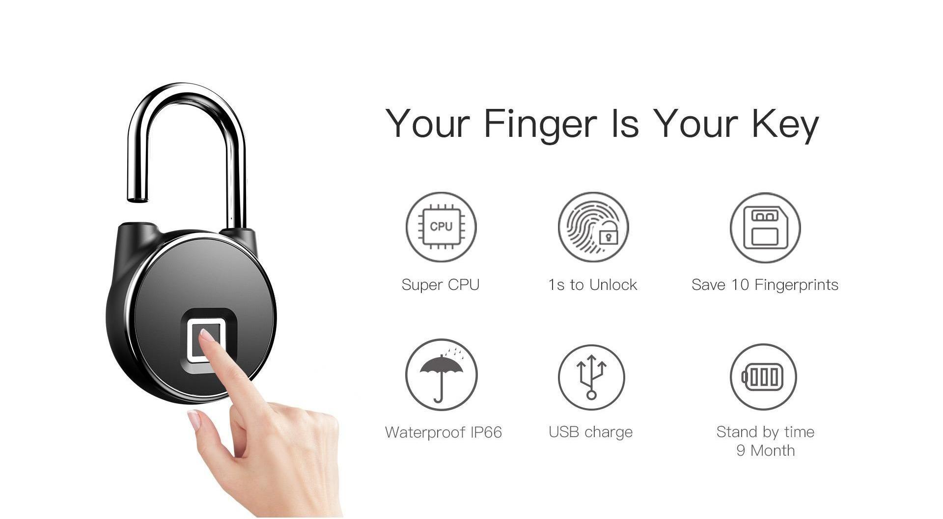 IP66 Waterproof Smart Keyless Security smart fingerprint padlocks with fingerprint padlock