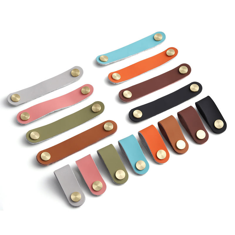 Customized Furniture PU Leather Handle Brass Studs Leather Drawer Pulls Kitchen Cabinet Door Handles