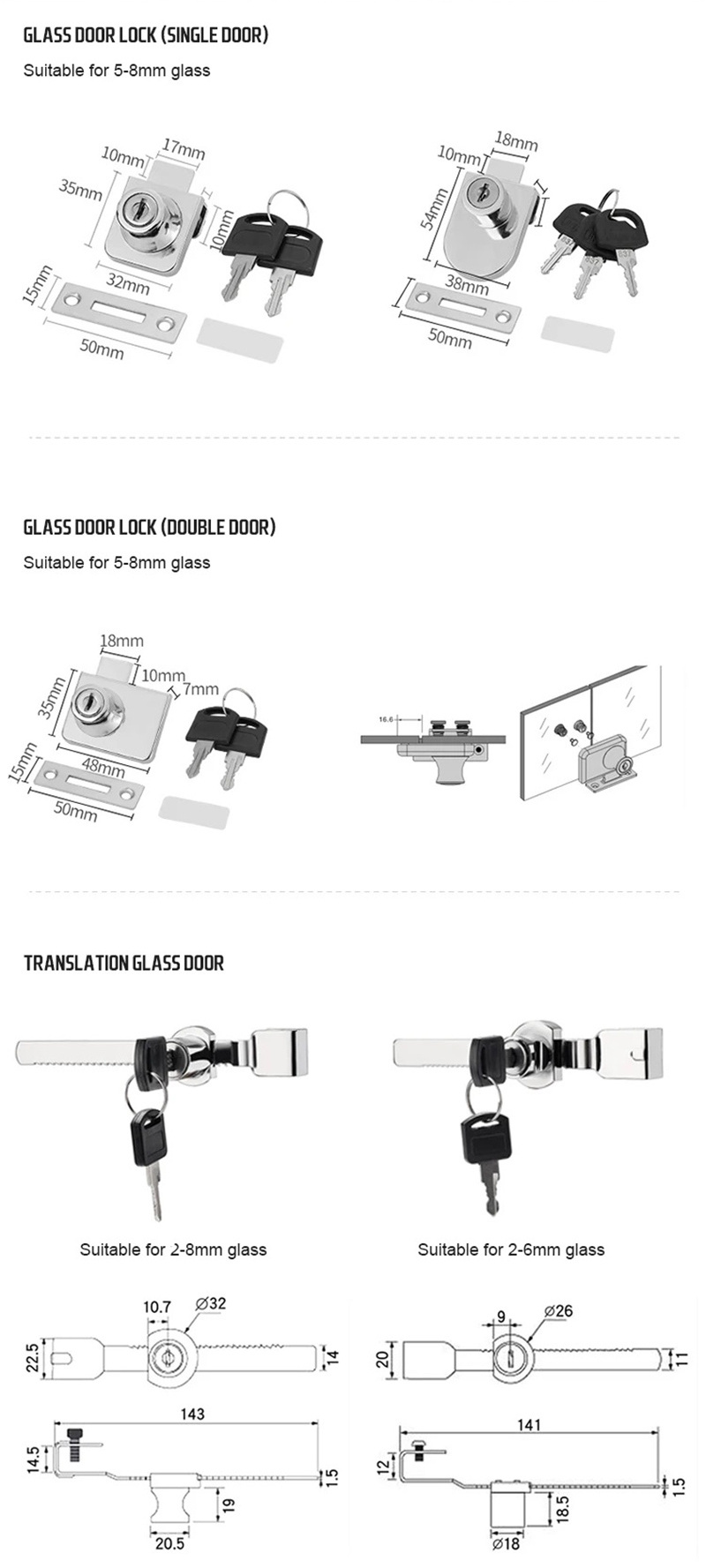 Furniture Sliding Glass Door Lock Zinc Alloy Single Open Double Open Cabinet Glass Door Lock with Key