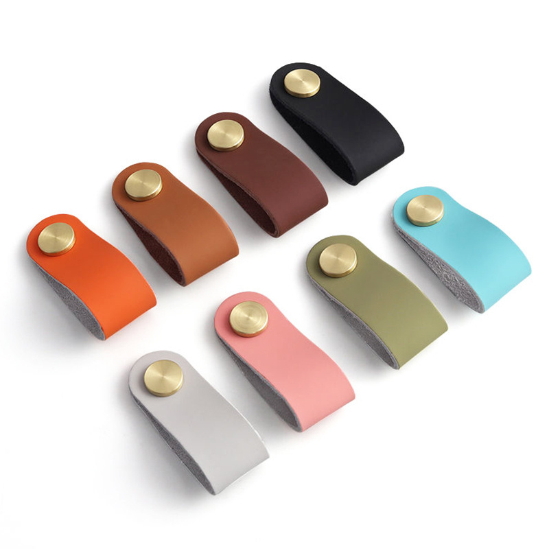 Customized Furniture PU Leather Handle Brass Studs Leather Drawer Pulls Kitchen Cabinet Door Handles