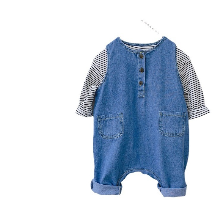 Spring children's clothing men's and women's baby suits denim overalls jumpsuits cotton striped T-shirts Western style suits