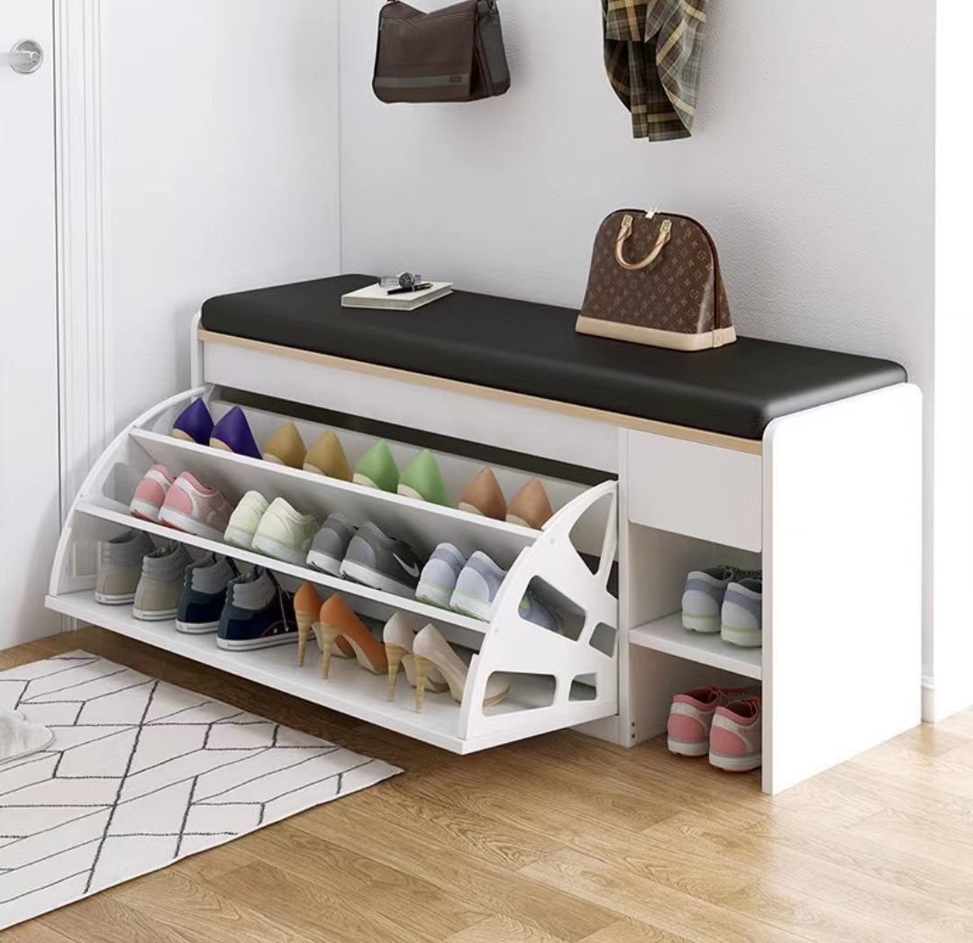 Shoe Storage Organizer Rack Wooden Shoe Bench Living Room Furniture Modern Soft Seat Pull Out Rotating