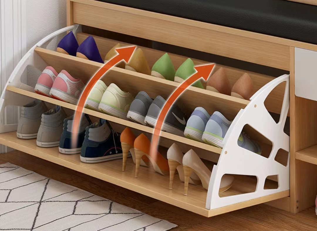 Shoe Storage Organizer Rack Wooden Shoe Bench Living Room Furniture Modern Soft Seat Pull Out Rotating