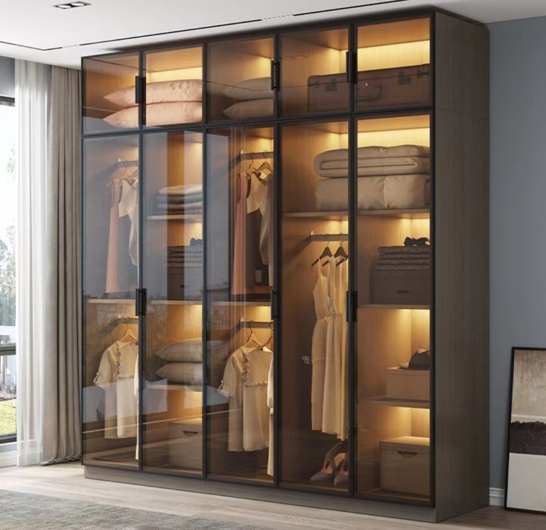 2023 modern luxury  glass wardrobes bedroom furniture modular wooden custom design walk in closet wardrobes