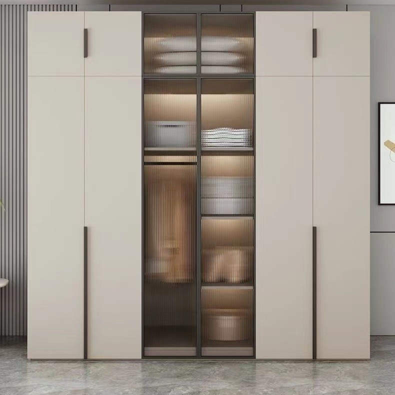 Modern luxury open door floor to ceiling wardrobe modern solid wood and leather closets modular walk in bedroom wardrobe