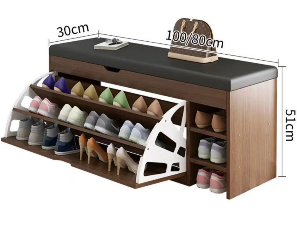 Living Room Furniture Modern Soft Seat Pull Out Rotating Shoe Storage Organizer Rack Wooden Shoe Bench