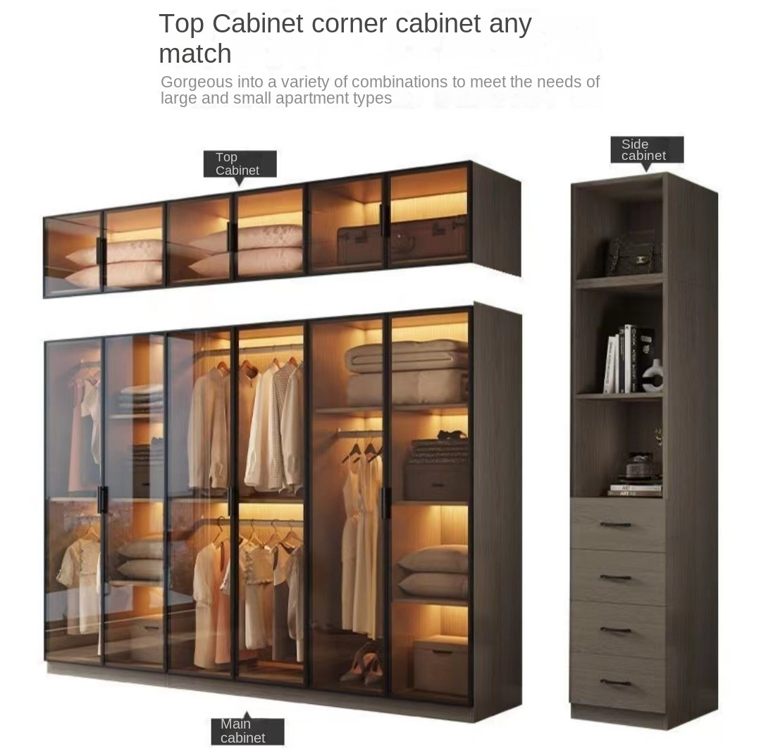 2023 modern luxury  glass wardrobes bedroom furniture modular wooden custom design walk in closet wardrobes