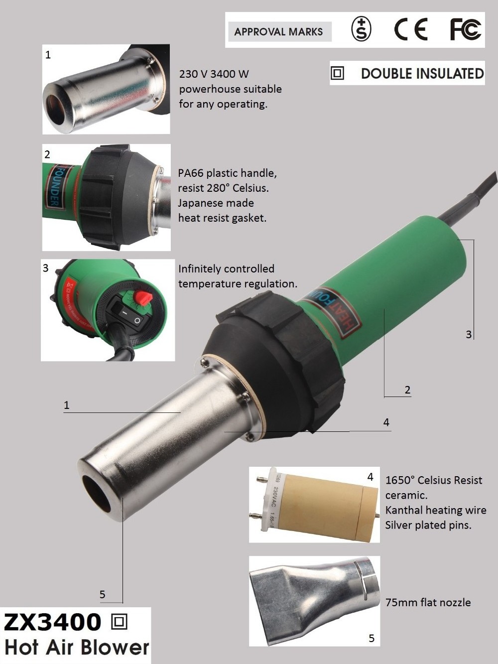 110V/230V Customized ZX3400 Industrial Electric Heating Element With Temperature Control PVC Heater Gun Supplier