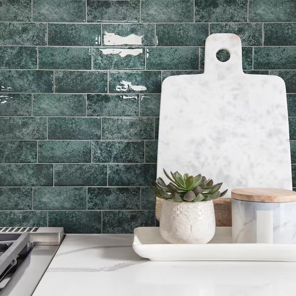 Peel and Stick Backsplash Green Subway Tiles 3D Self-Adhesive Kitchen Backsplash Tiles Stick on Tiles Brick