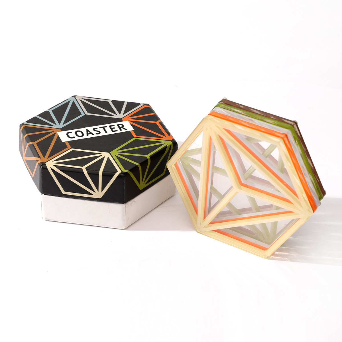 Recyclable mug set gift box ceramic coffee cups coaster gift box hexagonal colored gift box