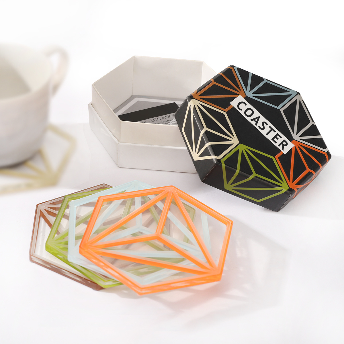 Recyclable mug set gift box ceramic coffee cups coaster gift box hexagonal colored gift box