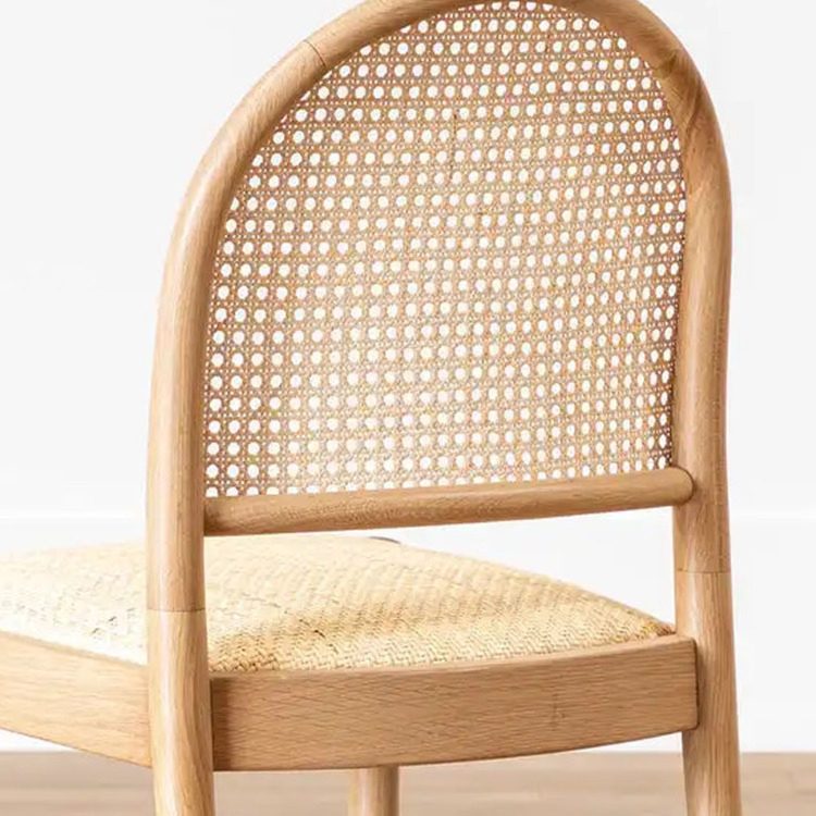 Beechwood stackable half moon chair rattan mat cushions grid backrest dining chairs for restaurants and coffee shop