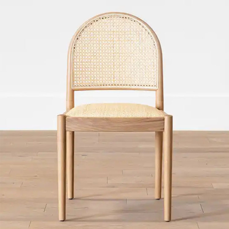 Beechwood stackable half moon chair rattan mat cushions grid backrest dining chairs for restaurants and coffee shop