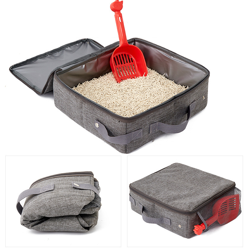 Portable Outdoor Mobile Cat Sand Basin Foldable Waterproof Travel Pet Carrier with Built-In Litter Box Polyester Lining