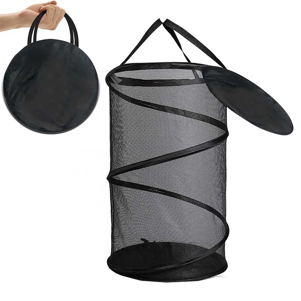 Wholesale Round Laundry Baskets Polyester Mesh Laundry Hamper Steel Storage Organizer with Lid