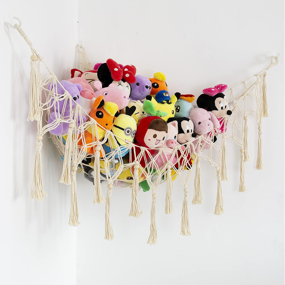 Hanging Storage Net Organizer Teddy Bear Mesh Toy Net Organizer Black Wall Sling Toy Hammock for Stuffed Animals with Tassels