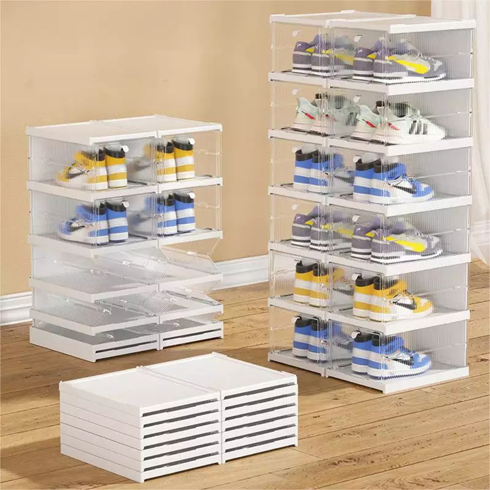 Clear Plastic Stackable Shoe Organizer for Closet Space Saving Foldable Shoe Rack Sneaker Container Bin Holder