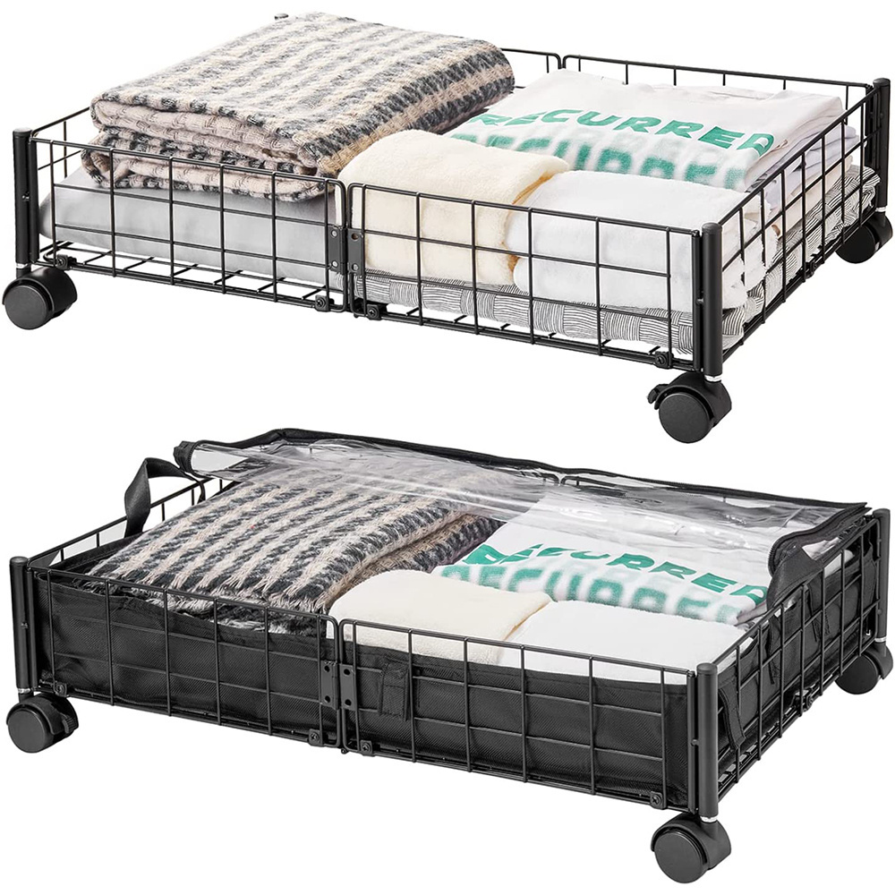 Under bed Storage Rack Metal Storage with Wheels Folding Drawer Shoe Closing Bed Storage Cart