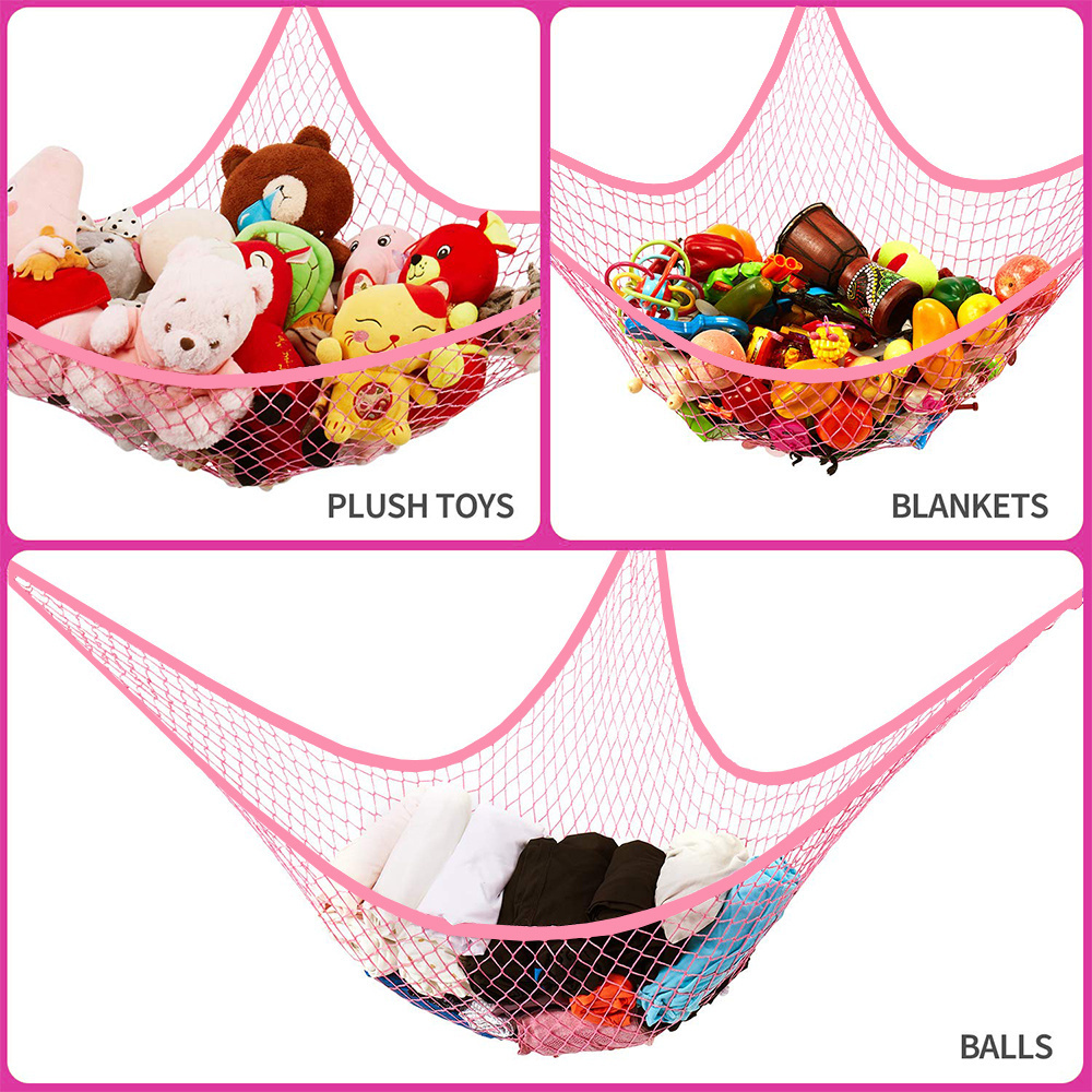 Hanging Storage Net Organizer Toy Hammock Organizer Black Wall Sling Mesh Fabric for Stuffed Animals with Tassels