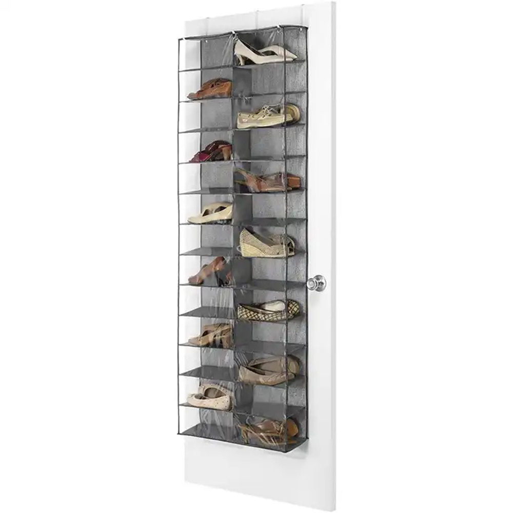 Grey Over The Door Shoe Shelves Storage Organizer Hanging Shoe Rack Holder Behind The Door with 26 Clear PVC Pockets for Door