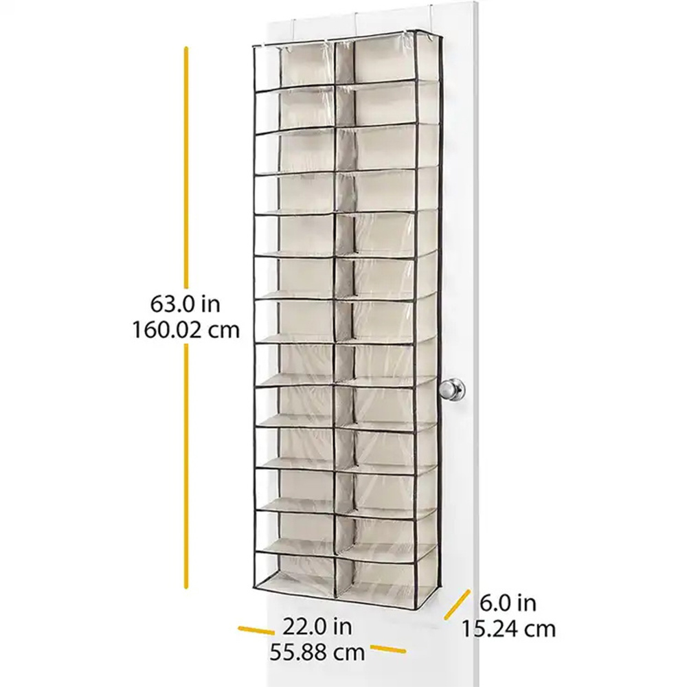 Grey Over The Door Shoe Shelves Storage Organizer Hanging Shoe Rack Holder Behind The Door with 26 Clear PVC Pockets for Door